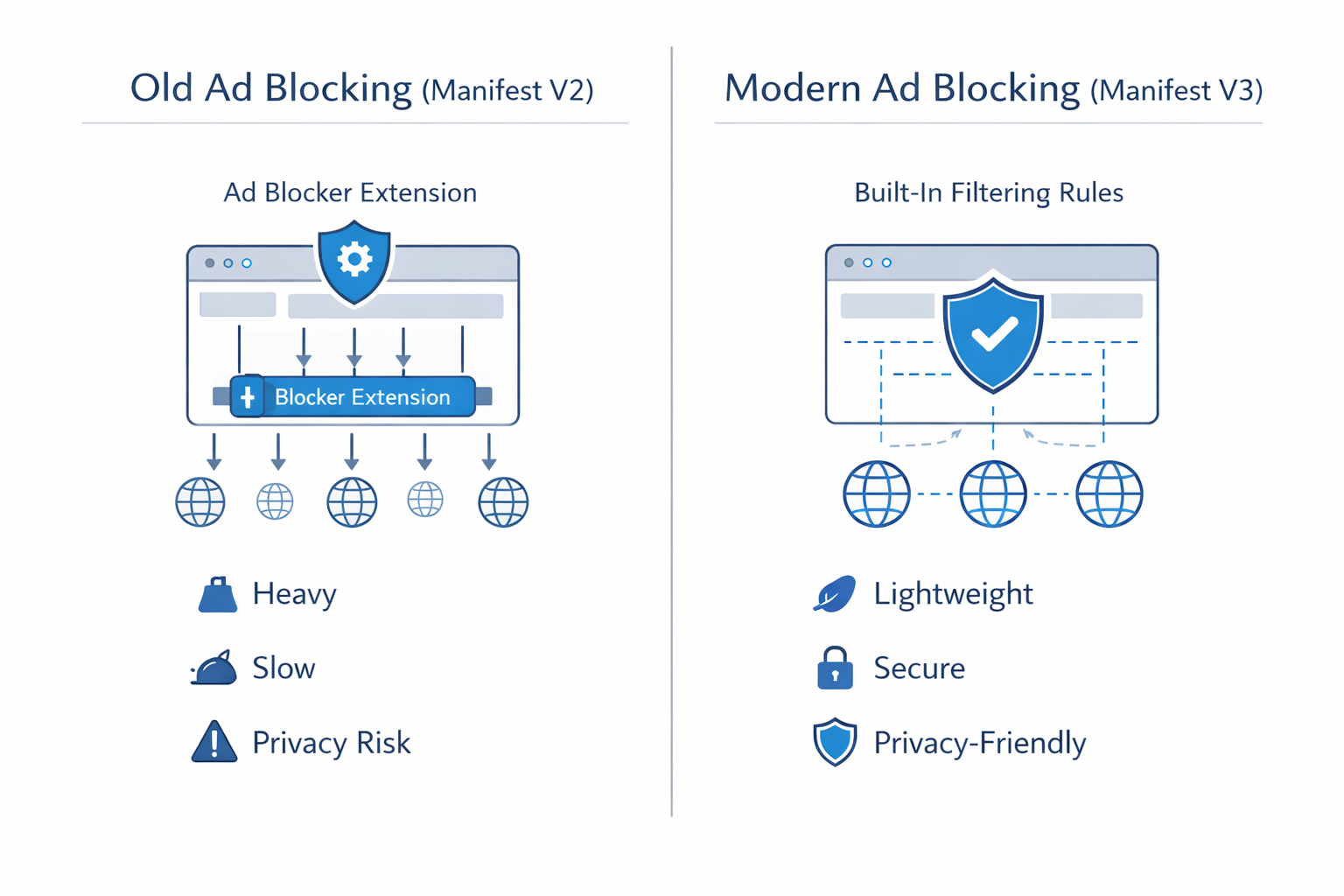 Diagram comparing old heavy ad blocking extensions versus new lightweight Manifest V3 architecture.