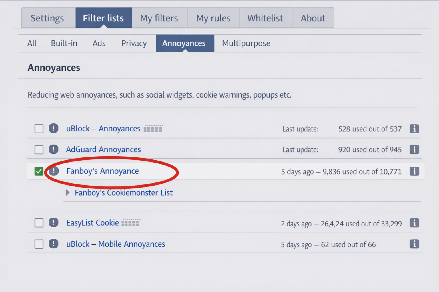 uBlock Origin dashboard showing how to enable Fanboy's Annoyance list to block popups.